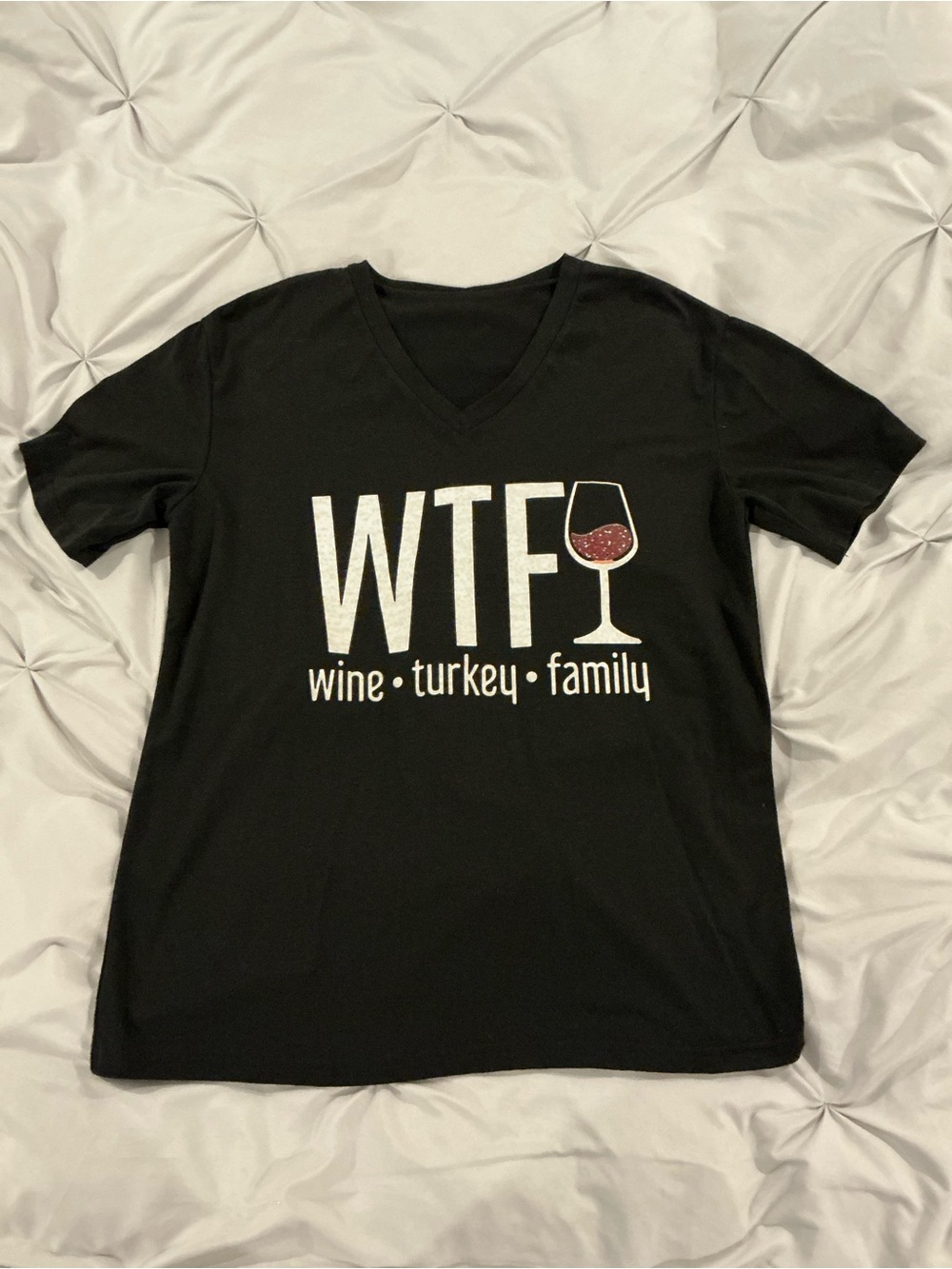 EUC - Women’s WTF (Wine Turkey Family) Black Graphic V-Neck Tee - Size MED